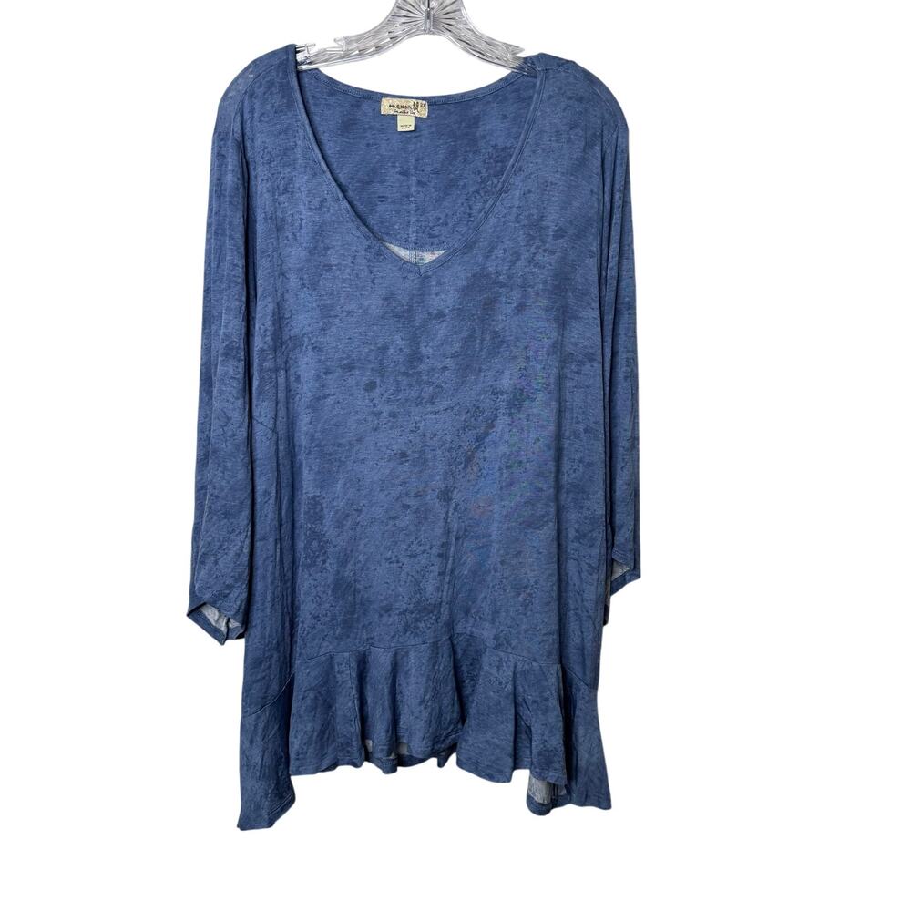 One World Live and Let Live 2X Blue Ruffle Hem Tunic‎ Top Boho Peasant Blouse